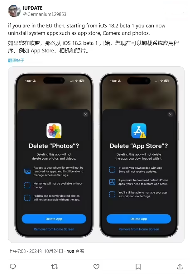 鸡东苹果手机维修分享iOS 18.2 支持删除 App Store 应用商店 