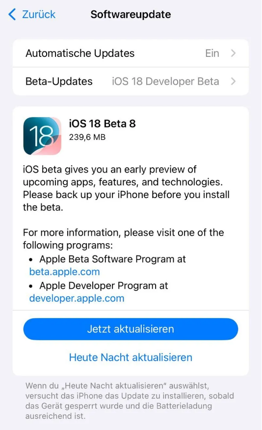 鸡东苹果手机维修分享苹果 iOS / iPadOS 18 开发者预览版 Beta 8 发布 